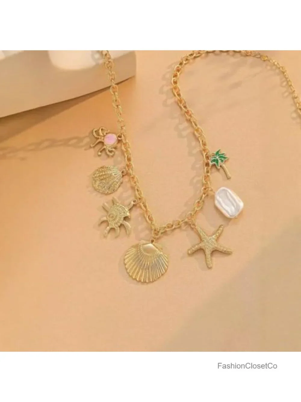 Vintage Boho Beach Charm Necklace - Chunky Gold Tone Statement Jewelry